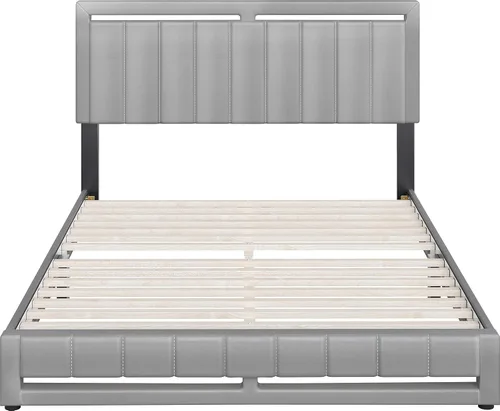 Vista 8 de Boyd Sleep Beaumont - Cama de plataforma tapizada con cabecero, base de colchón con 14 soportes de listones de madera, no requiere somier, piel Gris