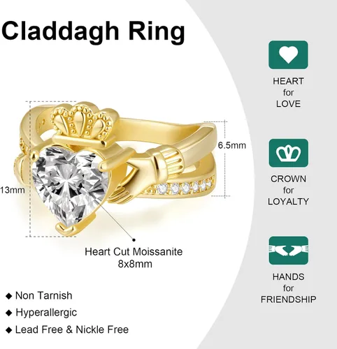 Vista 5 de Gold Moissanite Claddagh Promise Rings for Women