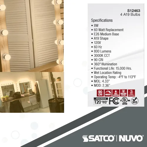 Vista 4 de Satco S12463 8A19/CL/LED/E26/930/4PK/120V (24 bombillas LED)