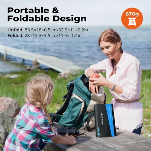 Vista 7 de Cargador solar portátil BigBlue de 28W con amperimetro digital, 25.4% de alta eficiencia, puertos USB-A/USB-C, paneles solares plegables