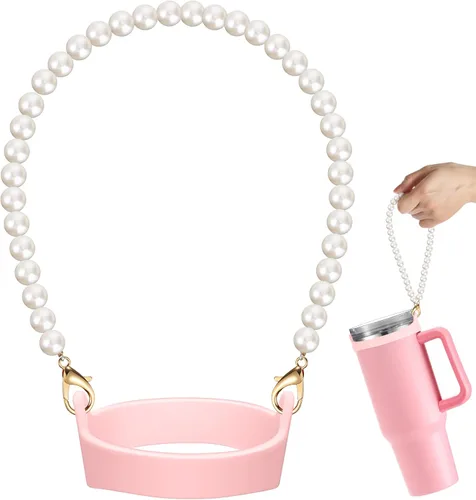 Vista 9 de SiliFine Soporte de Asa de Botella de Agua de Silicona con Correa de Perlas Compatible con Accesorios de Taza Stanley, Encantos, Portabotellas