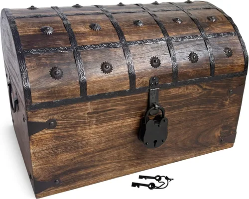 Vista 11 de Nautical Cove - Cofre del tesoro pirata hecho a mano para niños, premios y aula con cerradura y llaves de esqueleto – Caja de almacenamiento
