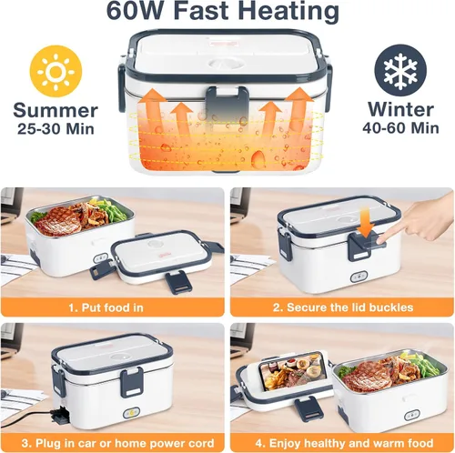 Vista 3 de hatisan Fiambrera eléctrica, calentador de alimentos portátil, lonchera térmica, contenedor de almuerzo calentador para adultos, 60 W, 1.8 L, 12