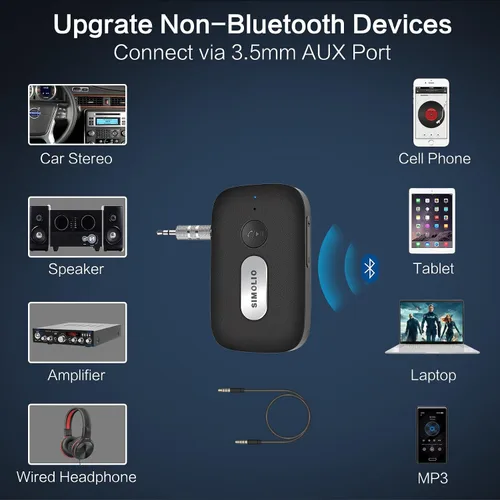 Vista 4 de SIMOLIO Receptor Bluetooth para automóvil, batería de 35 horas, control de volumen, cancelación de ruido, adaptador Bluetooth AUX Bluetooth