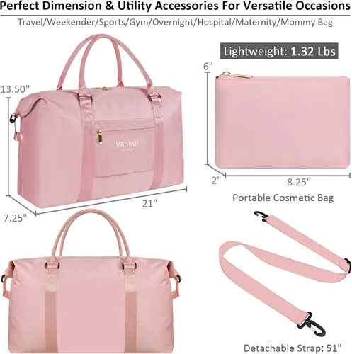 Vista 2 de Vankor - Bolsa de lona para viajes, impermeable, bolsa de viaje portátil de 20 pulgadas, Rosado, Elegante