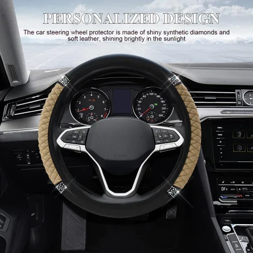 Vista 2 de Funda de Volante de Cuero Suave con Brillos, 15 Pulgadas, con Diamantes de Imitación Coloridos, Protector de Volante Elástico Automático