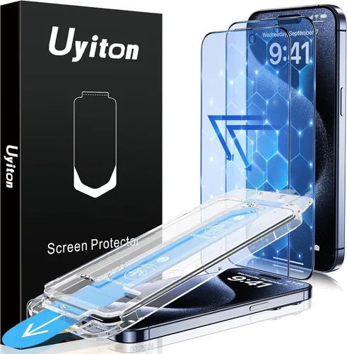 Vista 11 de Uyiton Protector de pantalla anti-luz azul para iPhone 15, protector de pantalla de vidrio irrompible de cobertura completa, resistente a