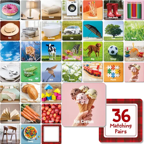 Vista 17 de Hebayy 36 pares de tarjetas flash de dibujos animados a juego de animales borrables (72 unidades, cada una mide 2 x 2 pulgadas)