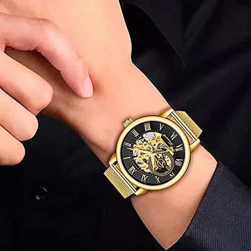 Vista 8 de Dentily Reloj de esqueleto para hombre clásico con número romano Steampunk Reloj mecánico Relojes de viento para hombre (azul)