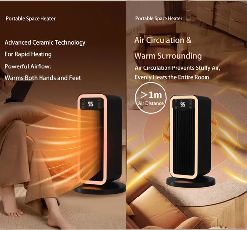 Vista 2 de Calentador de espacio, calentador PTC de 1500 W con sistema de termostato ECO, temporizador oscilante de 70°, temporizador de 12 horas, calentadores