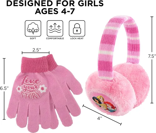 Vista 6 de Disney Juego de calentadores de orejeras de invierno y guantes para niños felpa de princesa rosa niñas pequeñas edades de 4 a 7 años Rosado