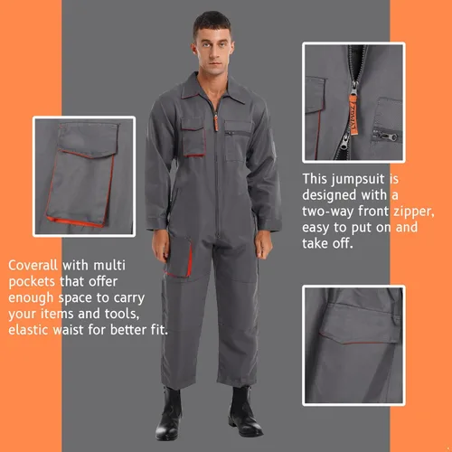 Vista 6 de Overol de manga larga con cremallera frontal para hombre, uniforme mecánico, múltiples bolsillos, ropa de trabajo