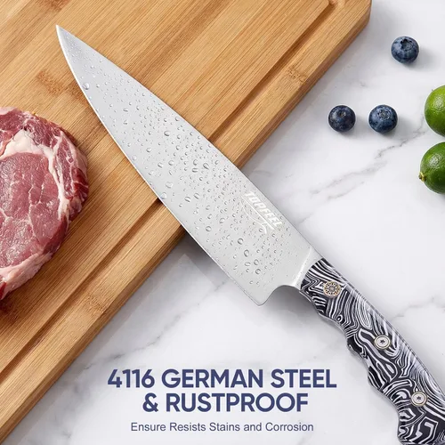 Vista 3 de Topfeel Juego de 3 cuchillos de chef profesional, cuchillos de cocina japoneses ultra afilados, acero inoxidable alemán de alto carbono de 8