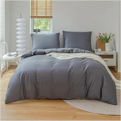 Vista 8 de Juego de funda de edredón de algodón, 100% algodón, tela gruesa agradable a la piel, color sólido, juego de cama doble, ropa de cama
