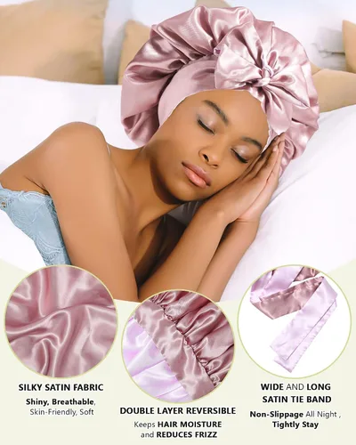 Vista 4 de Gorras de satén de seda para mujeres, envoltura de cabello rizado para dormir, gorra reversible con banda de corbata, gorra de dormir de doble capa