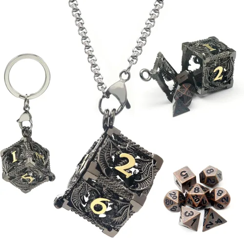 Vista 18 de Haxtec Juego Mini de Dados de Metal DND con Estuche de Collar Hueco Juego de Dados de Metal Pequeños Antiguos Juego de Llaveros D&D Portátil Juego