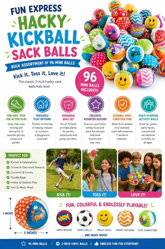 Vista 4 de Fun Express Hacky - Bolas de saco de kickball, surtido a granel de 96 mini bolas, perfectas para jugar en interiores o exteriores, recuerdos