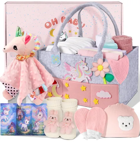 Vista 8 de Cesta de Regalo para Baby Shower - Juego de Regalo para Bebé con Organizador de Pañales, Regalos para Nueva Mamá, Regalos de Revelación de Género