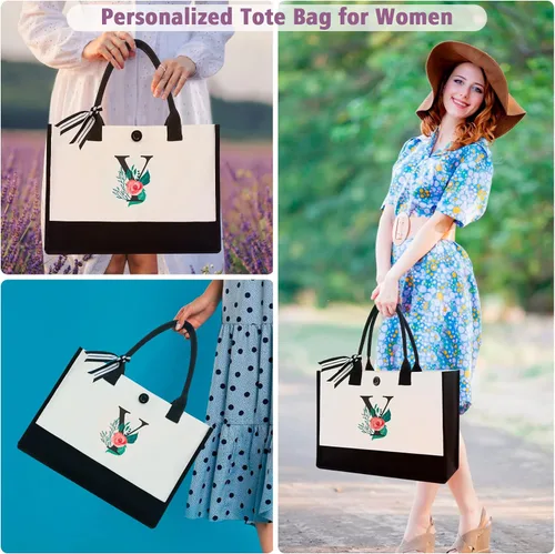 Vista 5 de Bolsa de lona con inicial, regalos de cumpleaños personalizados para mujer, Negro -, Letra Y