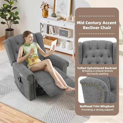 Vista 6 de Silla reclinable mecedora giratoria eléctrica con masaje y calor, mecedora eléctrica para cuarto de bebé, para sala de estar, silla reclinable Gris