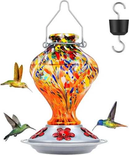 Vista 17 de BOLITE - Alimentador de colibríes, de vidrio soplado a mano, para colgar en exteriores, con trampa para hormigas y 5 puertos de alimentación, 22
