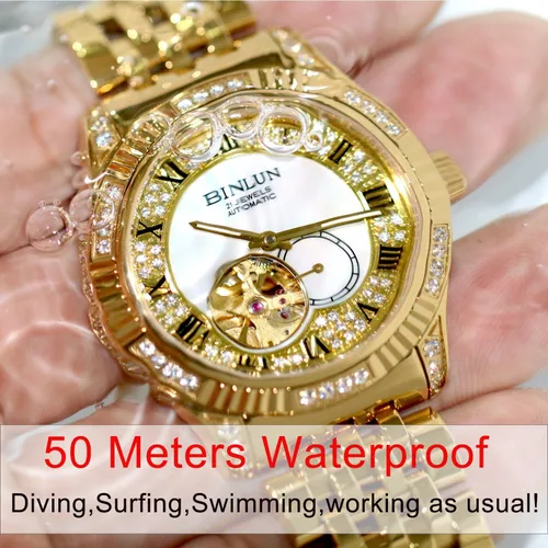 Vista 17 de BINLUN Reloj de pulsera para hombre, mecánico automático, reloj dorado con cuerda automática, elegante, chapado en oro de 18 quilates, relojes