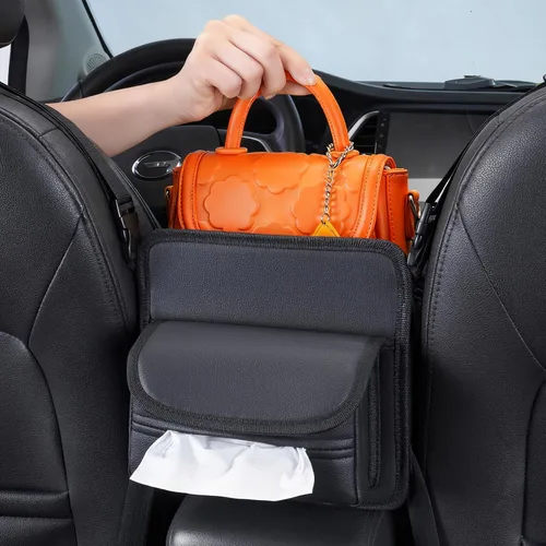 Vista 8 de Organizador de Coche para Almacenamiento Entre Asientos, Bolsa de Almacenamiento Colgante de Reposacabezas de Cuero Nappa, Soporte de Bolsillo