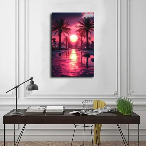 Vista 3 de Retrofuturism Vaporwave Wall Art – 80s Neon Cyber Cityscape Print – Synthwave Retro Poster for Bedroom Decor Poster Canvas Artwork Prints Rustic