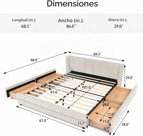Vista 2 de DEINPPA Bastidor de cama tamaño Queen con 4 cajones de almacenamiento y cabecera suave tipo nube, base de madera con tapizado de chenilla, no Beige