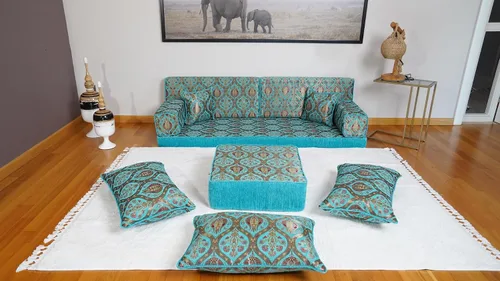 Vista 2 de arabicsofa Cojín de suelo árabe turquesa - Juego de sofá Jalsa con almohadas, sofá tradicional oriental para el suelo, sofá otomano