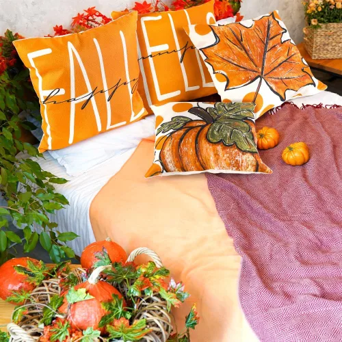 Vista 5 de DULEFUN 4 piezas de fundas de almohada de otoño de 18 x 18 pulgadas, hojas de calabaza y arce, decoración de otoño, fundas de almohada para sofá