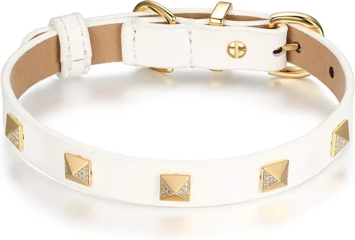 Vista 9 de SCAMPER & CO Collar de perro con hebilla chapada en oro amarillo de 18 quilates de bronce de 18 quilates con pirámide de microfibra, collar de perro