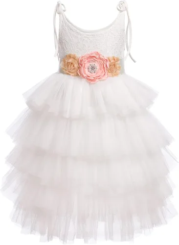 Vista 2 de Vestido de encaje bohemio para niñas de flores, vestido de boda, cumpleaños, con volantes, encaje de verano, tul, vestidos de fiesta, vestidos