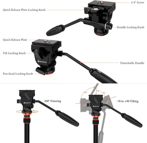 Vista 3 de GEEKOTO Trípode de video con cabezal fluido, trípode profesional para cámara réflex digital, monopie de aluminio de 77 pulgadas para videocámara