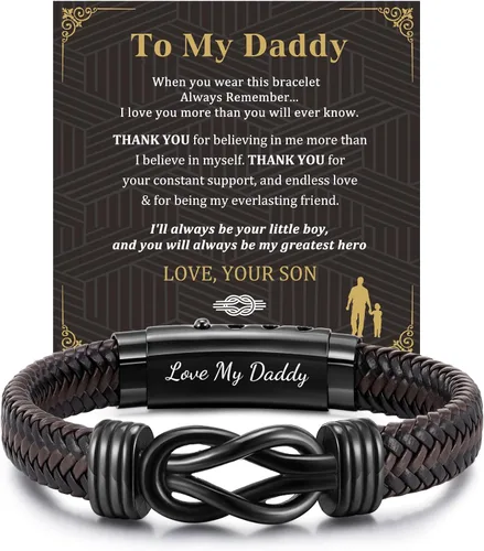 Vista 11 de MEALGUET Men's Bracelets Gifts for Men - Brown Braided Leather Infinity Knot Bracelets Engraved Love Massage for Son Man Husband Boyfriend, Mens