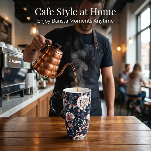 Vista 8 de Topadorn Taza de Café de Cerámica de Porcelana Latte Taza de Té con Tapa y Caja de Regalo 17oz, Flor Azul
