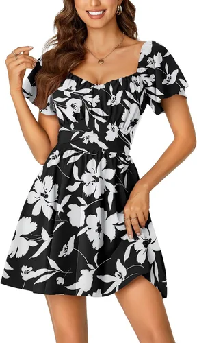 Vista 30 de Rooscier Minivestido acampanado de manga corta con volantes, cuello cuadrado, envolvente y espalda anudada para mujer