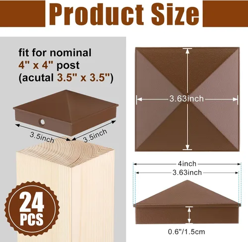 Vista 3 de Paquete de 24 tapas de aluminio para postes de valla de 4 x 4 pulgadas, cubiertas de metal para postes nominales de 4 x 4 pulgadas