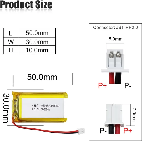 Vista 2 de KBT 2Pack 1500mAh 103048 Polymer Ion Battery 3.7V Rechargeable LiPo Battery with JST PH 2.0mm-2Pin Connector for RC Toy, Small Speaker, DIY