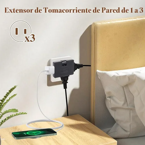 Vista 2 de Adaptador extensor de salida de pared de 3 vías plano - Paquete de 2 Adaptador de enchufe plano giratorio de 180 grados AC, extensor de salida