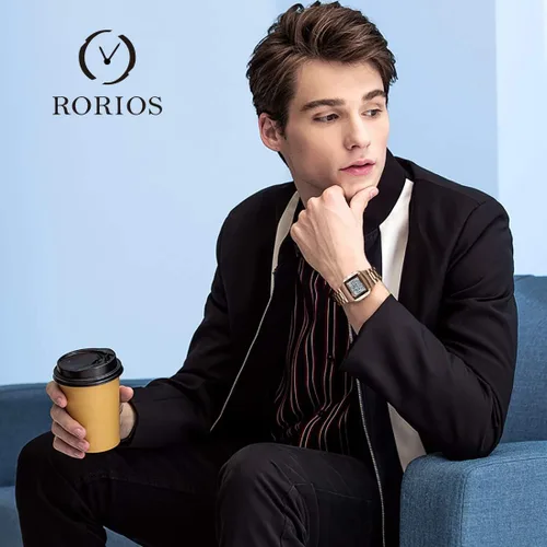 Vista 2 de RORIOS Reloj digital digital LED para hombre, multifunción, luminoso, de doble hora, electrónico, analógico, para hombre, Oro Rosa, Digital