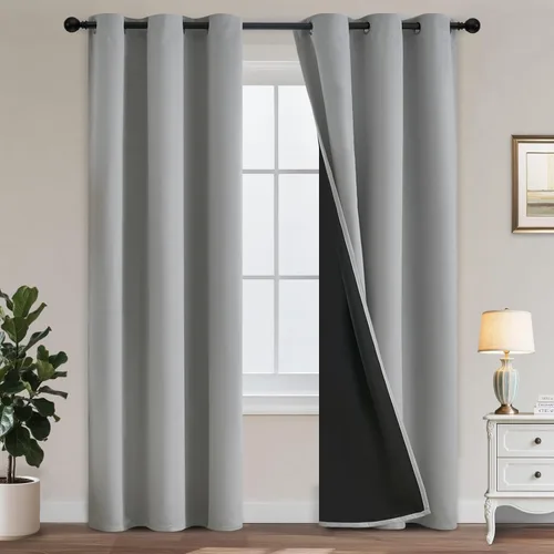 Vista 105 de Yakamok Cortinas 100% opacas para dormitorio, 63 pulgadas de largo, cortinas de bloqueo de luz total con respaldo negro, paneles de ojales sólidos