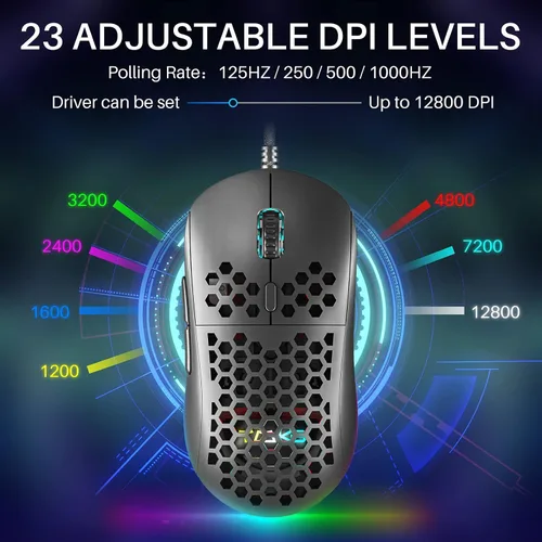 Vista 2 de DIERYA M1SE Ratón con Cable para Juegos con Carcasa de Nido de Abeja, Sensor Óptico de 12800DPI, 6 Macros Programables, Soporte de Software