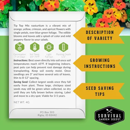 Vista 2 de SURVIVAL GARDEN SEEDS - Semillas de Capuchina para Plantar al Aire Libre – Variedad Reliquia Tip Top Mix de Flores Comestibles y Plantas Compañeras