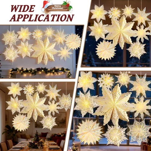 Vista 8 de 10 piezas de linternas de copo de nieve de papel de Navidad, grandes linternas de papel de estrella de Navidad con luces LED, adornos blancos