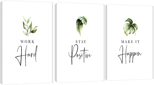 Vista 8 de Arte de pared inspirador de 3 piezas, imagen de refranes de plantas blancas, citas de trabajo y estadía, impresiones en lienzo para decoración