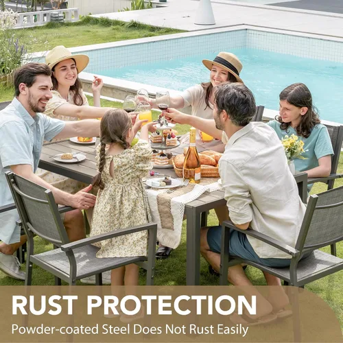 Vista 2 de Devoko Juego de comedor para patio, 7 piezas, muebles de exterior con mesa rectangular y 6 sillas apilables, juego de conversación familiar para Gris