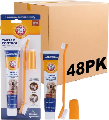 Vista 9 de Arm & Hammer para mascotas kit de 3 piezas para control del sarro para perros, contiene pasta, cepillo de dientes y cepillo para el dedo, reduce