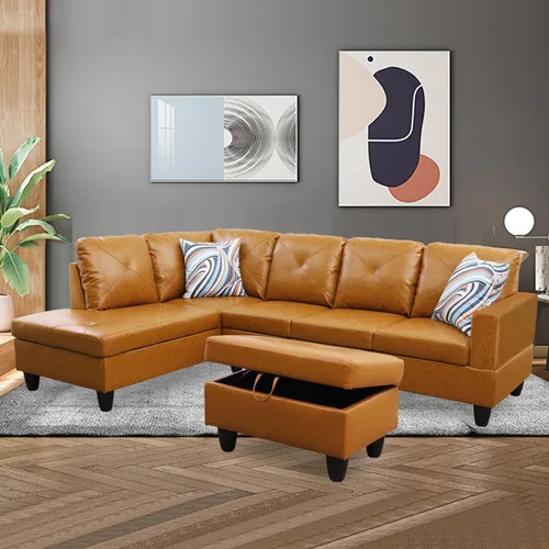 Vista 15 de Juego de sofá modular de cuero, sofá en forma de L para sala de estar, juego de muebles de sala y sofá seccional de cuero para apartamento y hogar