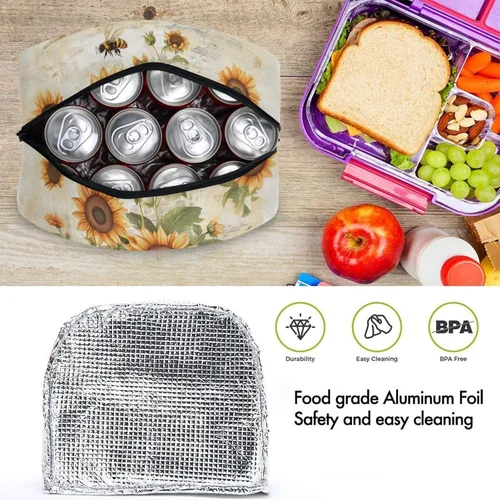 Vista 5 de Bolsa de almuerzo reutilizable con diseño de abejas y flores silvestres rurales, bolsa térmica resistente al agua para hombre y mujer, picnic